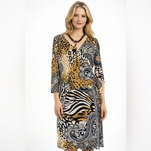 Boston Proper Animal Print Wrap Dress - Black, Brown, White Size 12